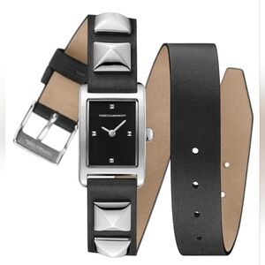 REBECCA MINKOFF SILVER TONE,STUDDED WRAP AROUND BLACK LEATHER BAND WATCH NWT
